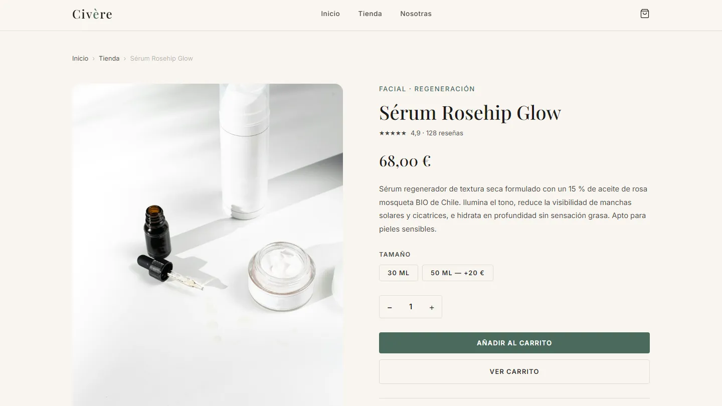 Ficha del Sérum Rosehip Glow con galería, tamaños, precio y botón de añadir al carrito
