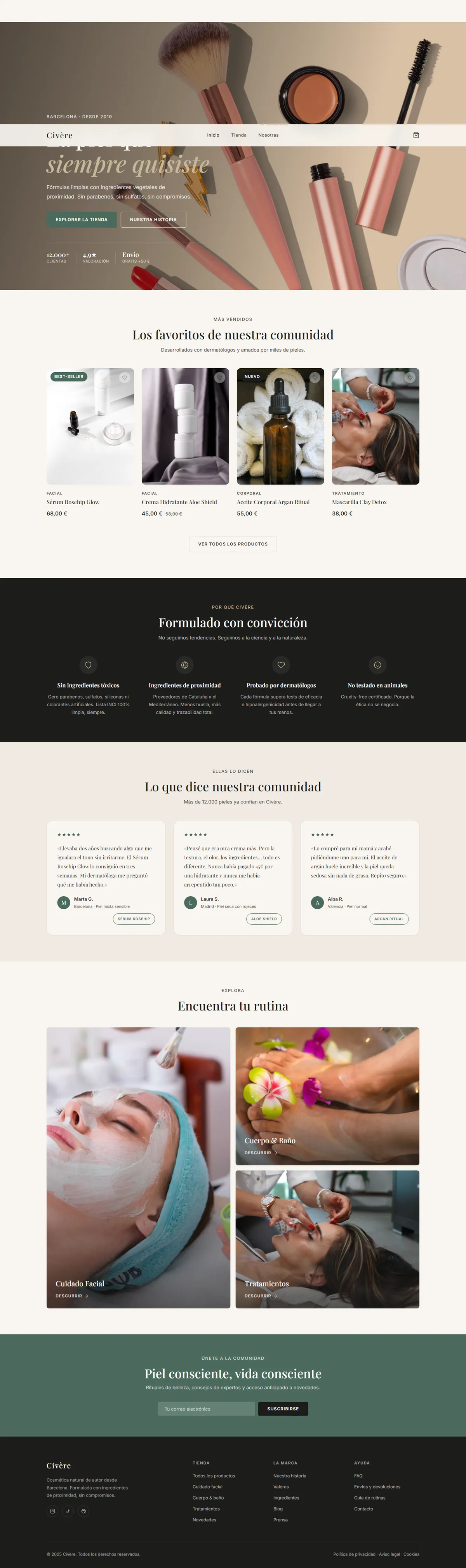 Captura de la página de inicio completa de Civère, de la portada al pie