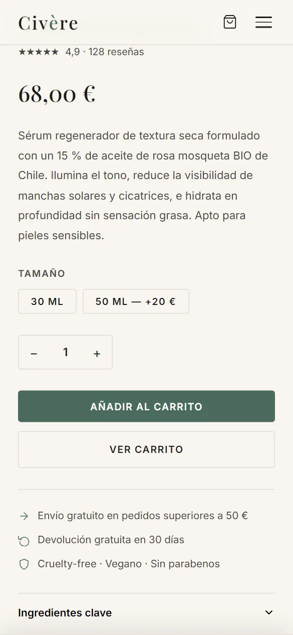 Móvil: ficha de producto con botón de compra