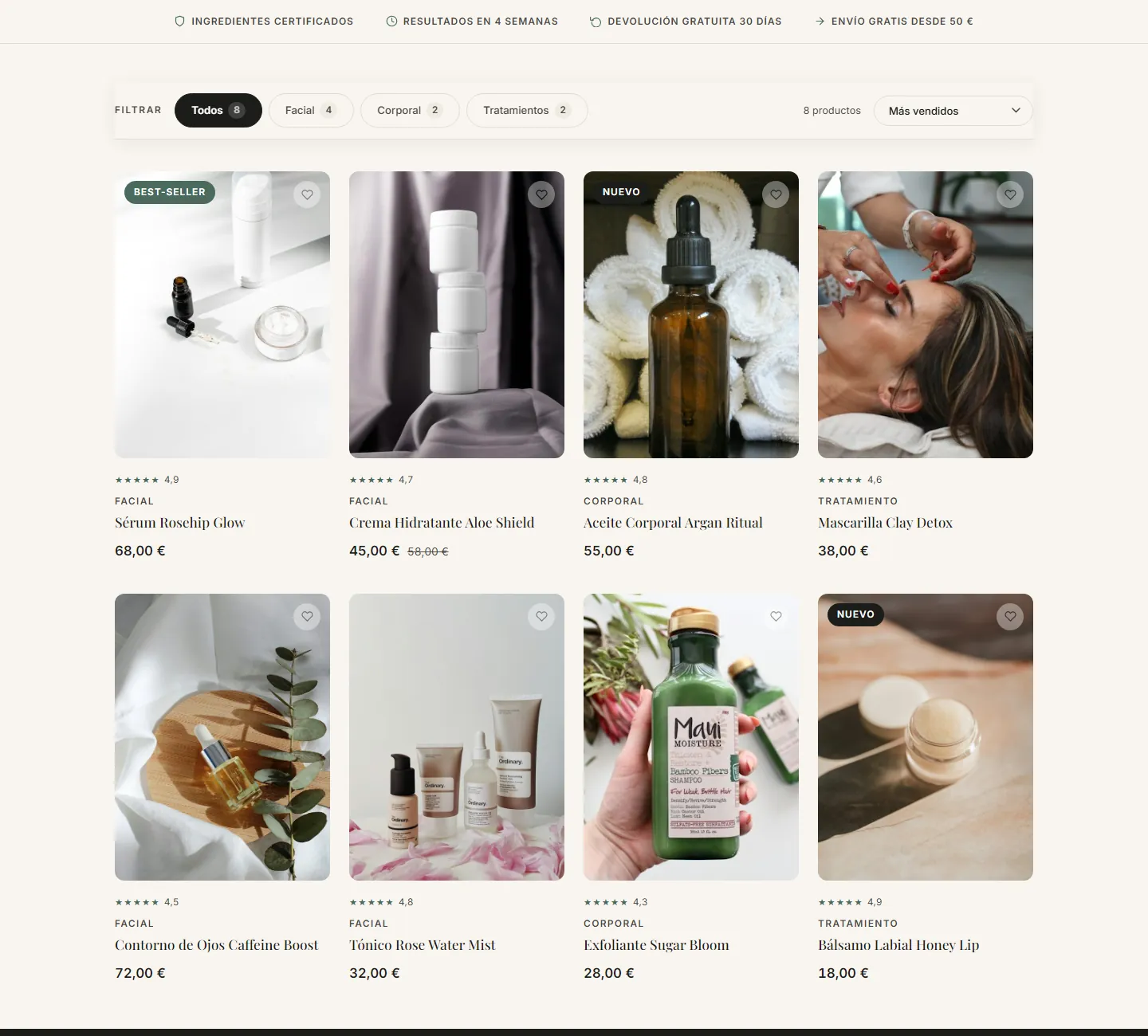 Catálogo de la tienda con filtros por categoría y ocho productos con valoraciones y precios