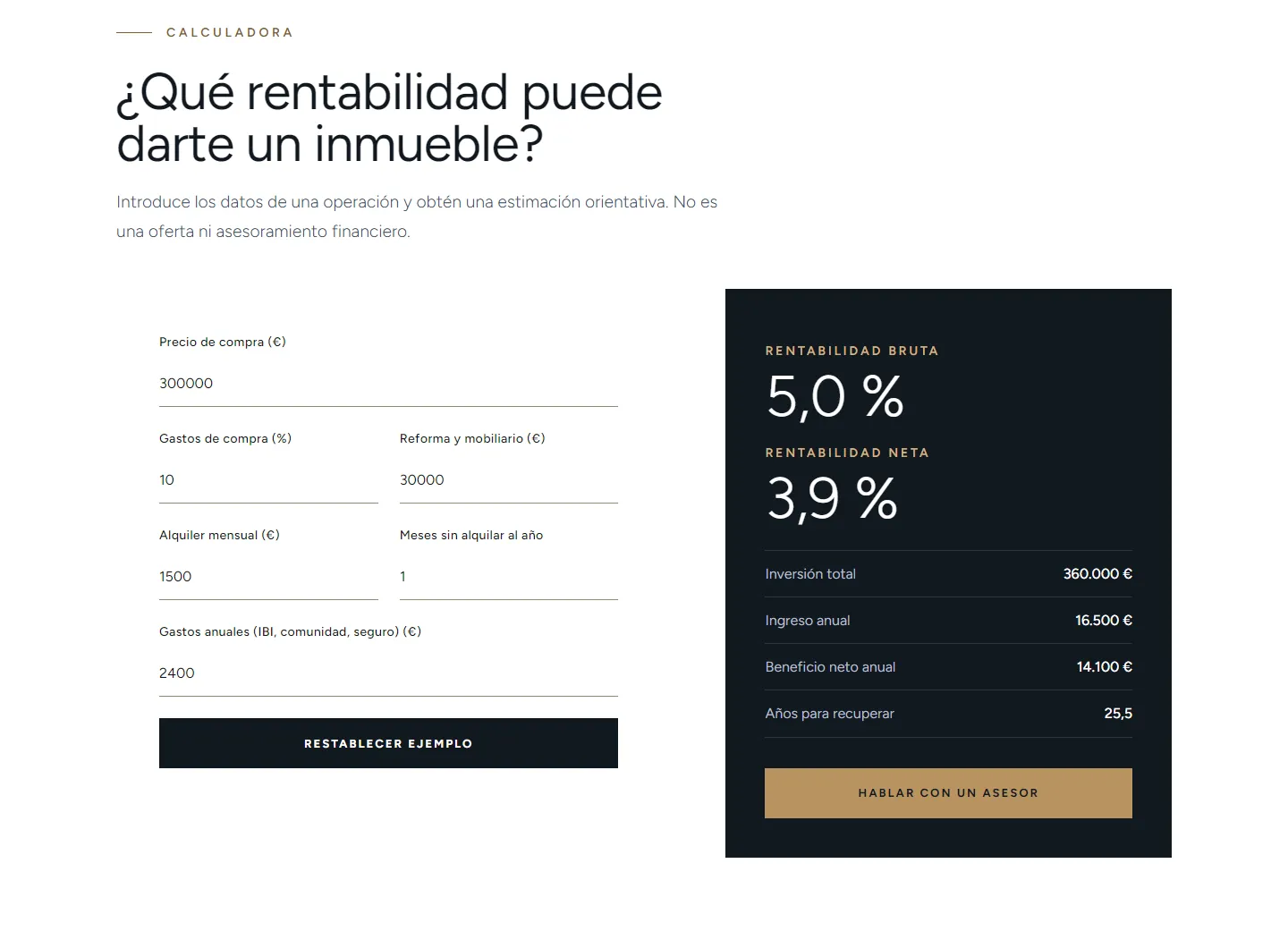 Calculadora de rentabilidad con precio de compra, reforma y alquiler, y resultado de rentabilidad bruta y neta