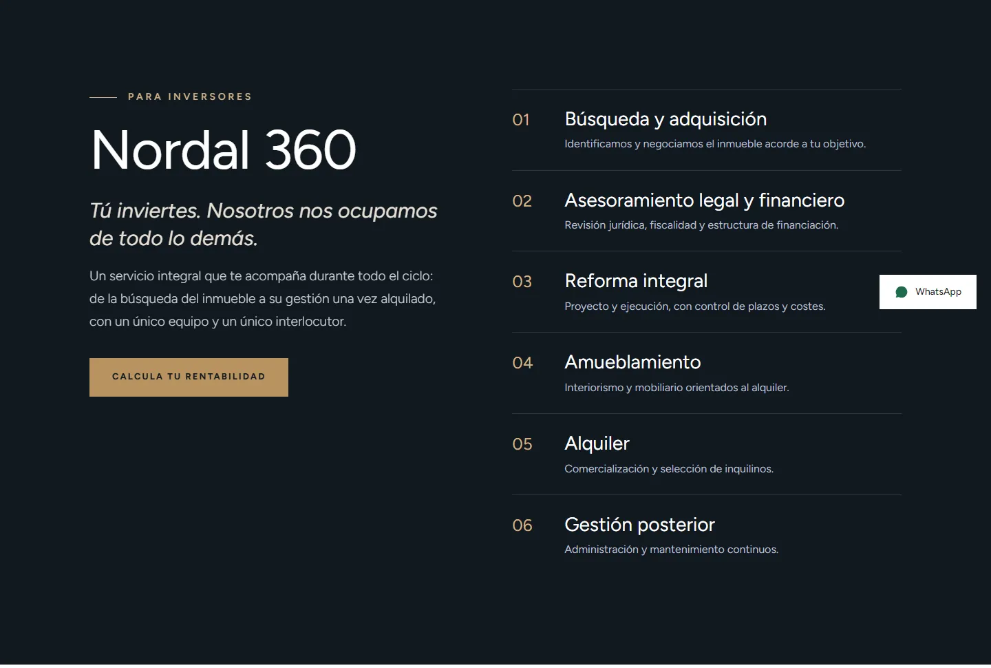 Sección Nordal 360 con los seis pasos del servicio para inversores