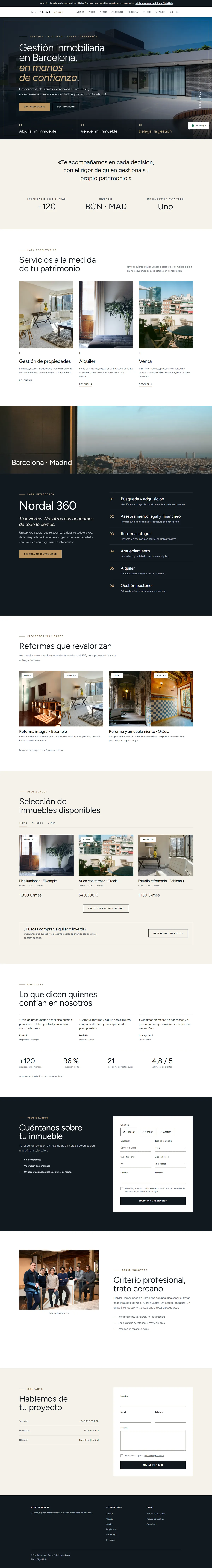 Captura de la página de inicio completa de Nordal Homes, de la portada al pie