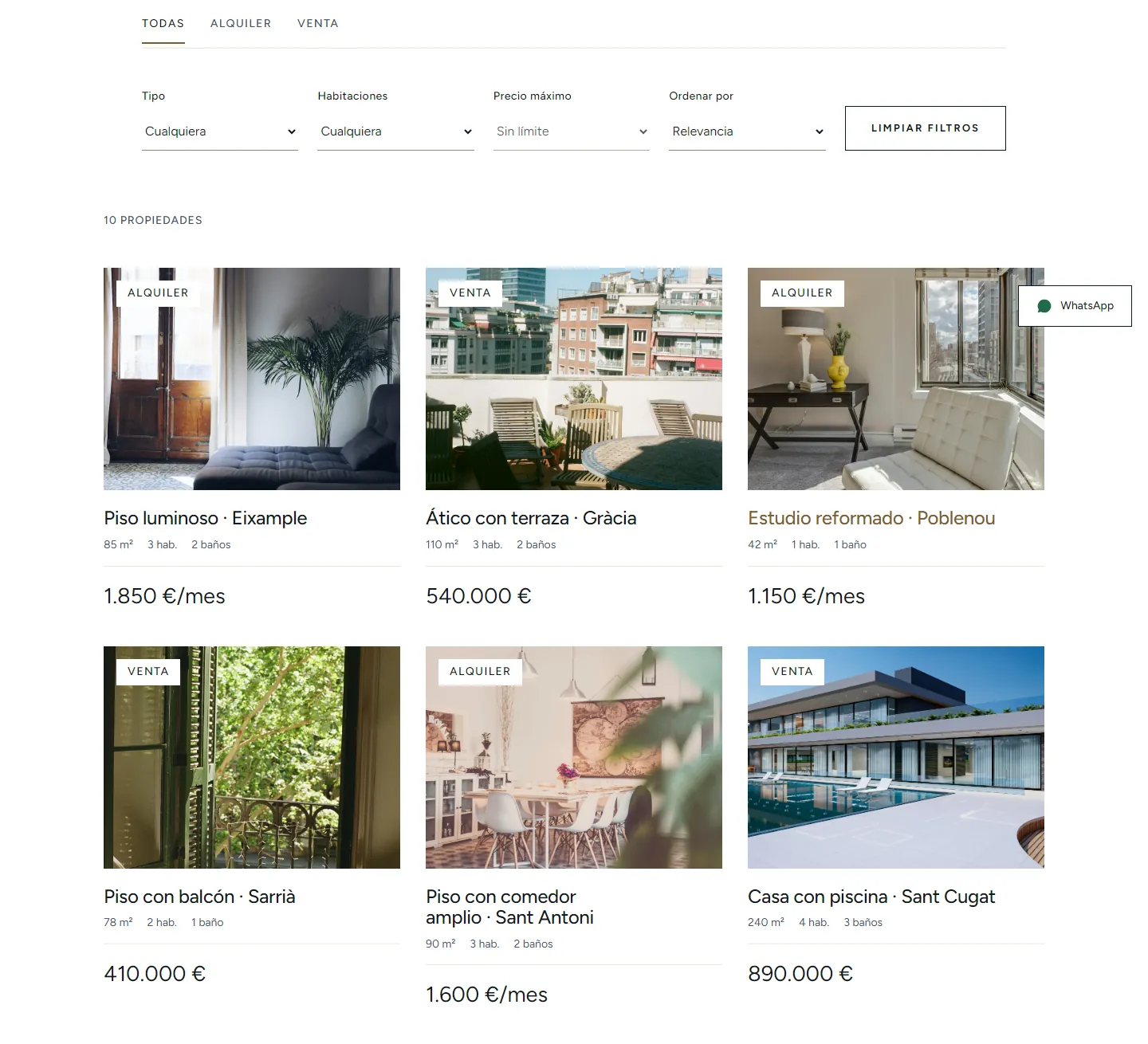 Listado de propiedades con filtros por tipo, habitaciones y precio, y fichas de alquiler y venta