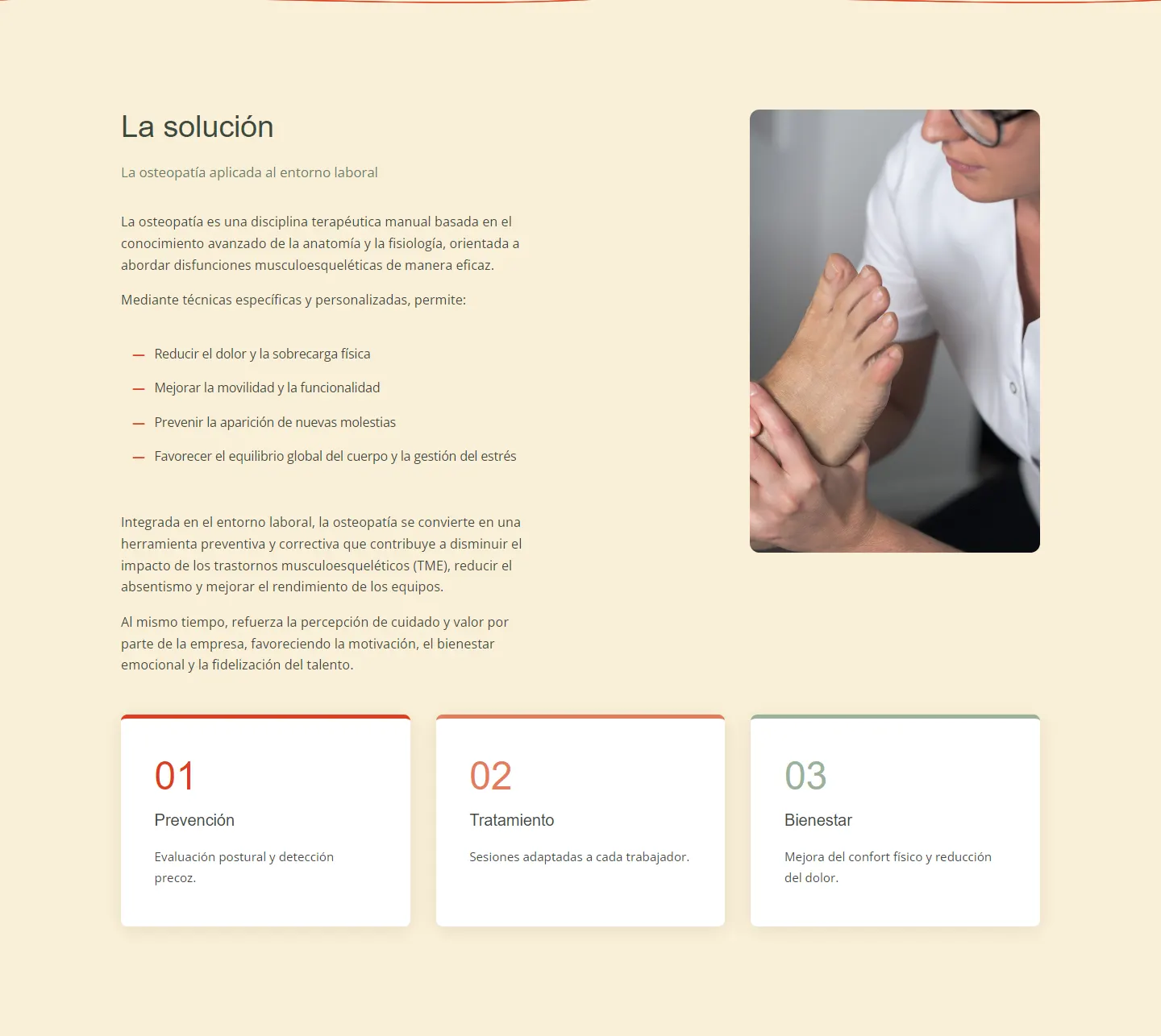 Sección «La solución» que explica qué es la osteopatía en la empresa
