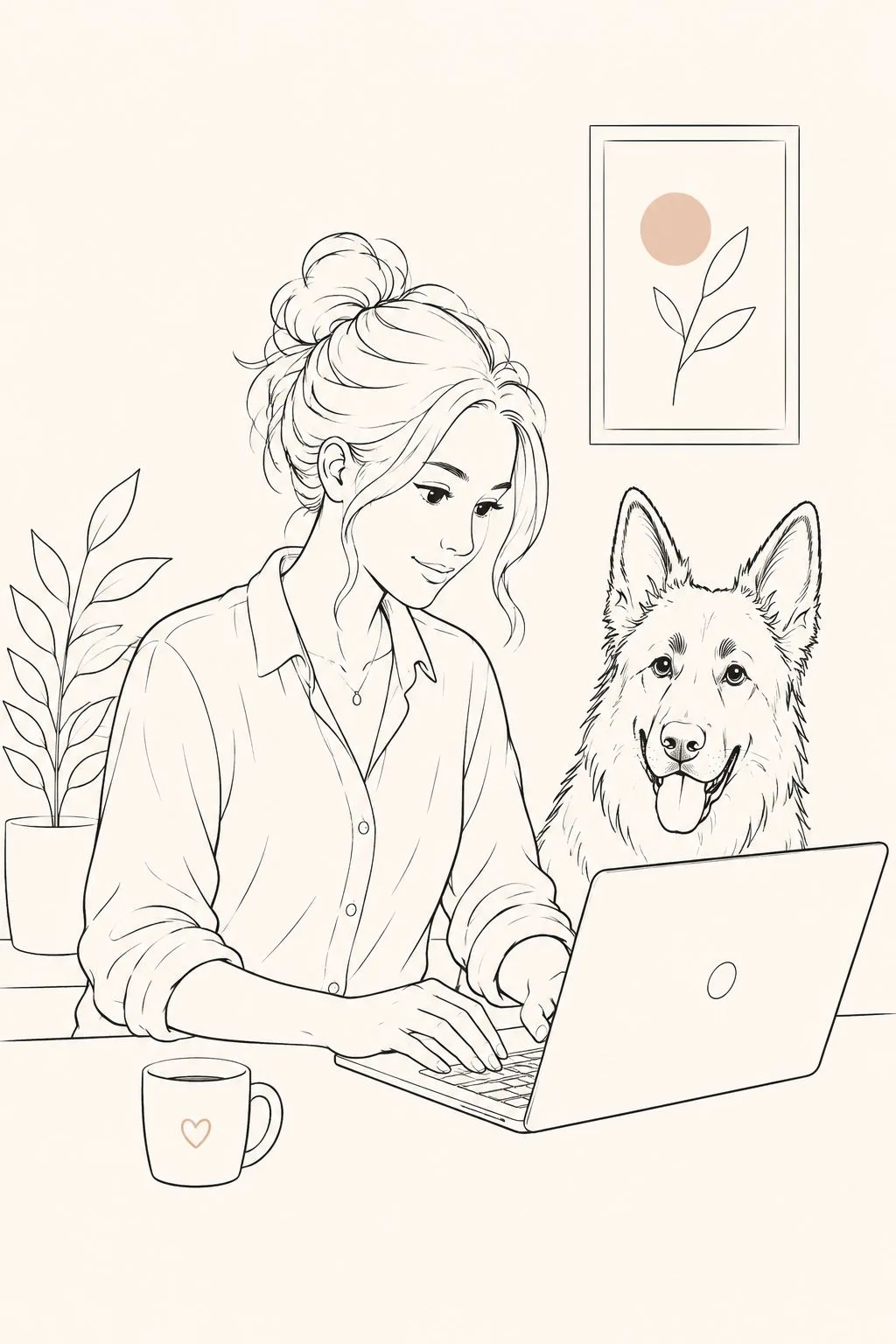Ilustración de Jenifer trabajando con su portátil junto a su perro