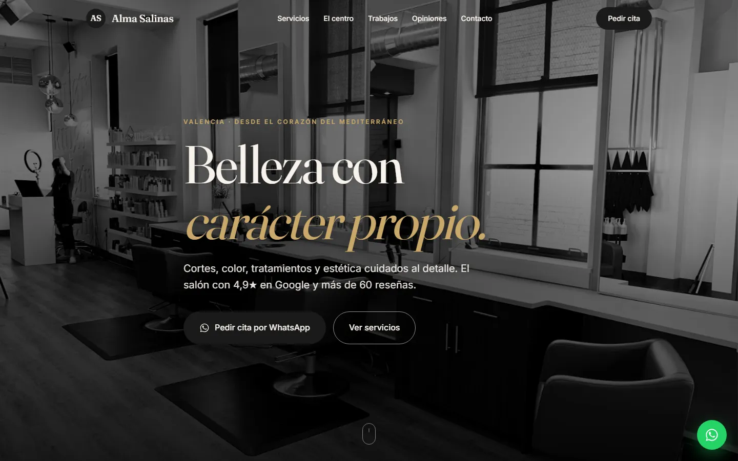 Portada de la web de Alma Salinas: peluquería con interior en blanco y negro