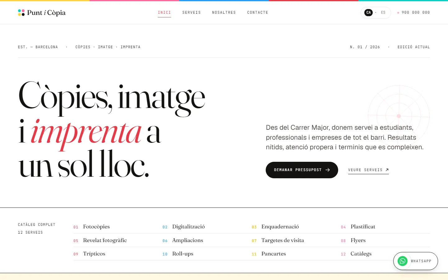 Portada de la web de Punt i Còpia: copistería con tipografía editorial