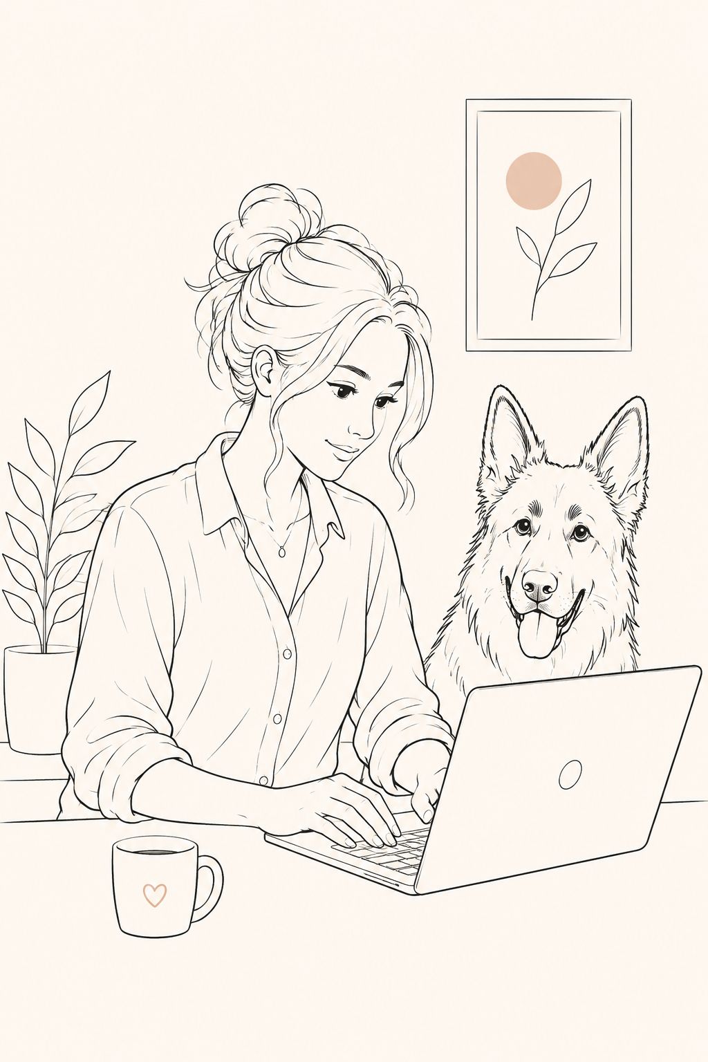Ilustración de Jenifer Jaldo trabajando en su mesa con su perro
